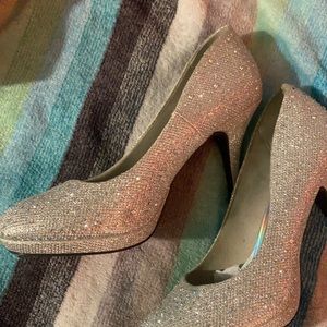 silver slipper glittery closed toe short heels